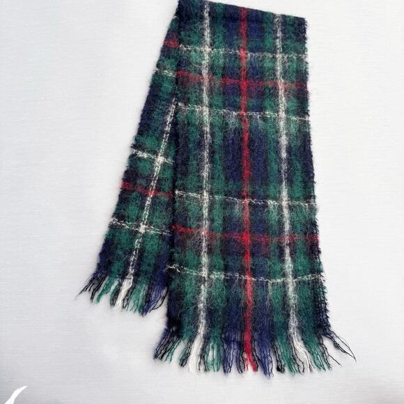 Vintage Mohair & Wool Plaid Fringed Scarf Wrap Made in Scotland 47 x 9 in - Picture 1 of 5